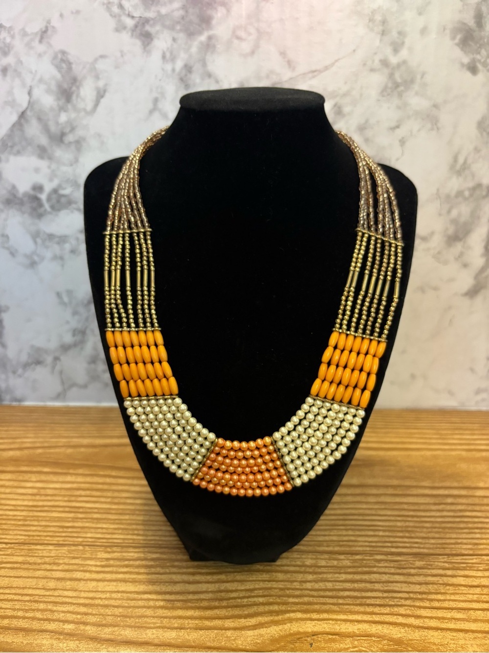 Multi-Strand Statement Collar Tribal Necklace Gold Tone Coral Orange Beaded